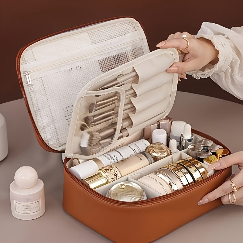 High-capacity multi-layer travel makeup organizer, featuring removable compartments and a brush holder—a portable beauty case, elegantly painted storage box, designed as a standalone unit, no assembly required.(BLACK)