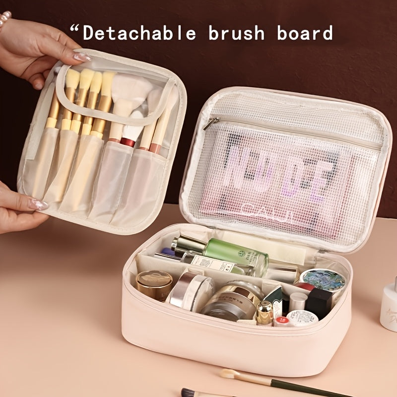High-capacity multi-layer travel makeup organizer, featuring removable compartments and a brush holder—a portable beauty case, elegantly painted storage box, designed as a standalone unit, no assembly required.(mocha brown)