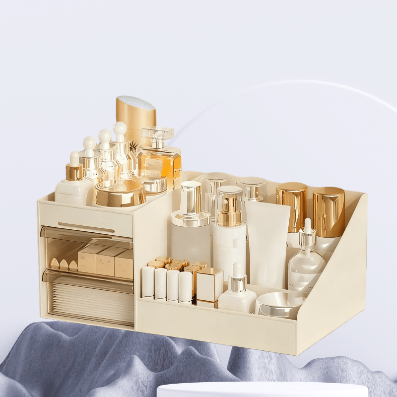 Pink Multi-Compartment Large-Capacity Desktop Storage Box Keeps vanity tables and desks neat and organized—lipsticks, masks, makeup brushes all stored in one box. Easy access, seamlessly fits into various settings.