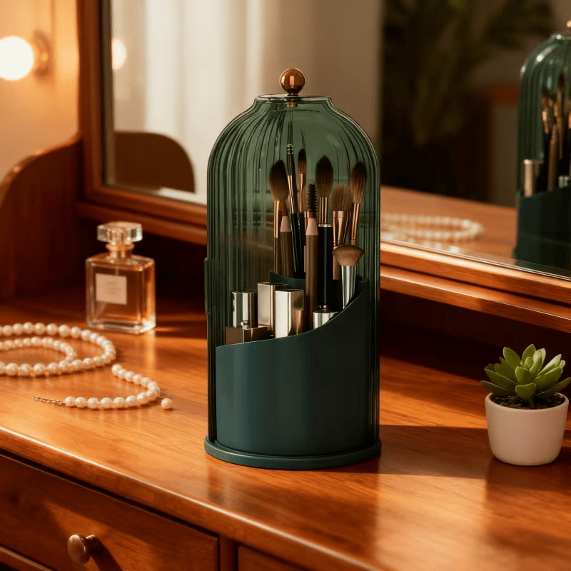 Transparent Rotating Makeup Brush Holder: 360° Rotation for Easy Access, Dust-Proof with Compartments, Neat and Portable(Transparent green)