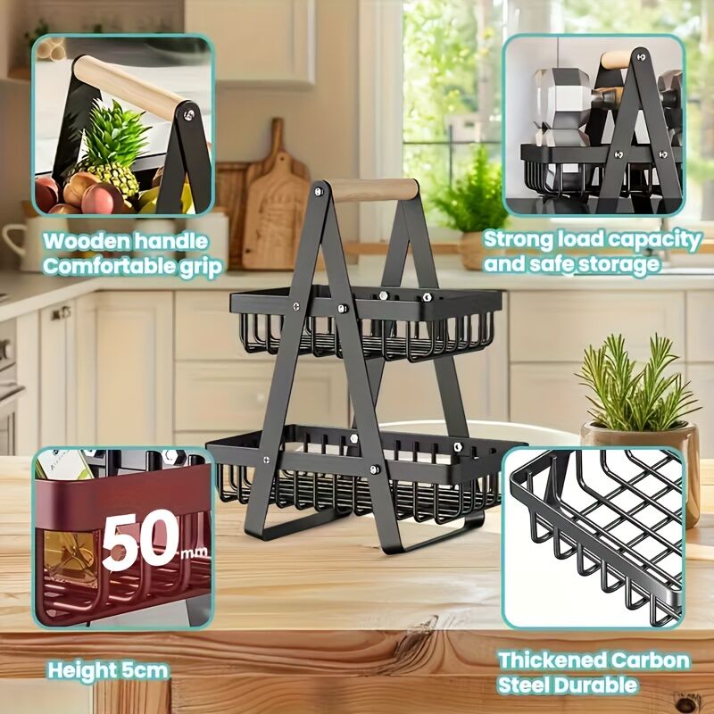 Heavy-Duty Metal Fruit Storage Basket (2-Layer Removable Divider) – Space-Saving Organizer for Kitchen, Refrigerator, Pantry & Dining Table – Sturdy Rectangular Design, Modern Kitchenware | Durable Structure