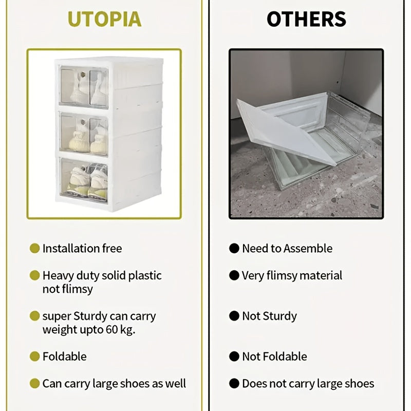 3-Tier Stackable Shoe Storage Box Set, featuring easy-access front-opening waterproof transparent plastic storage bins with no assembly required - perfect for closets and entryways.