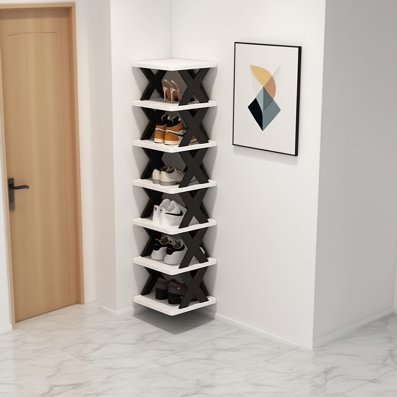 6-Tier Foldable White/BLACK Shoe Rack, space-saving vertical design for entry halls, living rooms, bedrooms, closets, balconies—an essential organizing storage shelf for college dormitories.