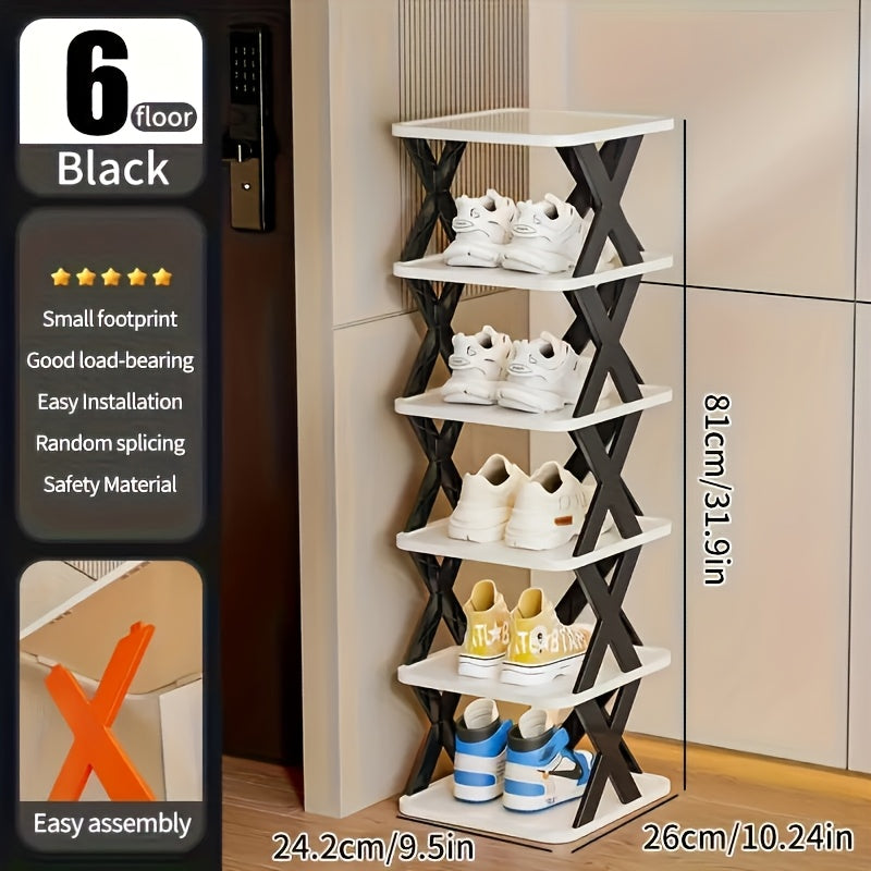 6-Tier Foldable White/Orange Shoe Rack, space-saving vertical design for entry halls, living rooms, bedrooms, closets, balconies—an essential organizing storage shelf for college dormitories.
