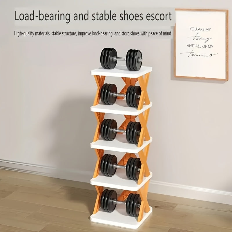 9-Tier Foldable White/Orange Shoe Rack, space-saving vertical design for entry halls, living rooms, bedrooms, closets, balconies—an essential organizing storage shelf for college dormitories.