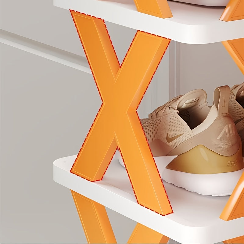 9-Tier Foldable White/Orange Shoe Rack, space-saving vertical design for entry halls, living rooms, bedrooms, closets, balconies—an essential organizing storage shelf for college dormitories.