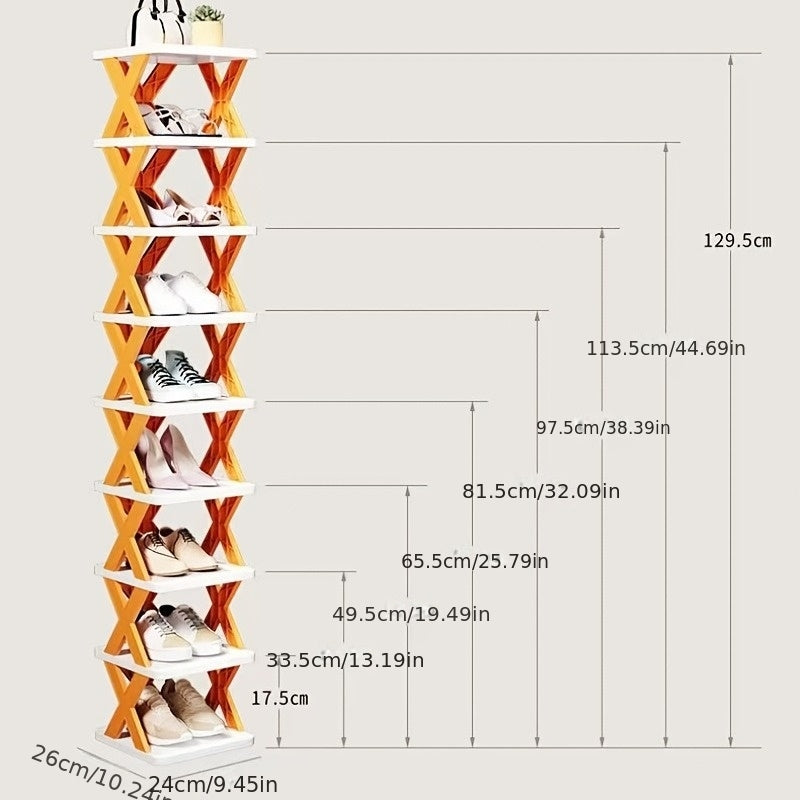 9-Tier Foldable White/Orange Shoe Rack, space-saving vertical design for entry halls, living rooms, bedrooms, closets, balconies—an essential organizing storage shelf for college dormitories.