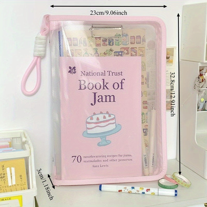 Macaron Candy Student File Bag + PET Animal Stickers - Hand-Carry Large Capacity Waterproof A4 Zipper Transparent Exam Paper & Textbook Storage Bag, Folder(pink)