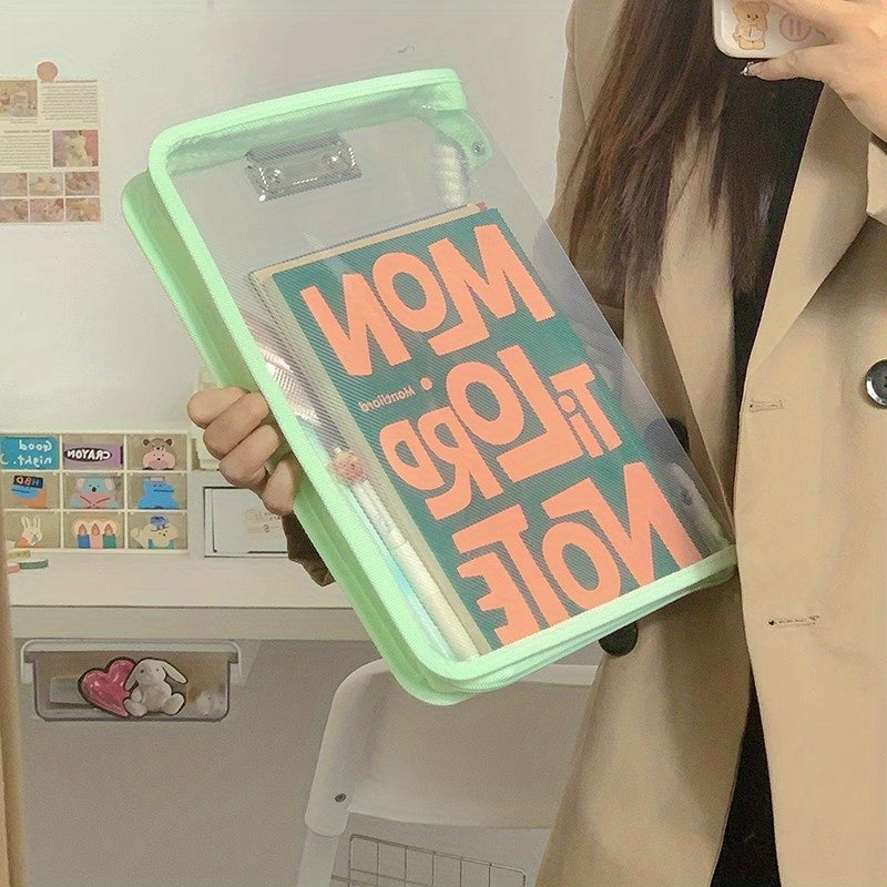 Macaron Candy Student File Bag + PET Animal Stickers - Hand-Carry Large Capacity Waterproof A4 Zipper Transparent Exam Paper & Textbook Storage Bag, Folder(blue)