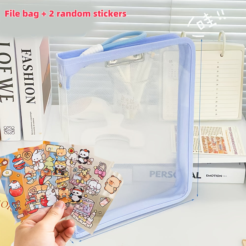 Macaron Candy Student File Bag + PET Animal Stickers - Hand-Carry Large Capacity Waterproof A4 Zipper Transparent Exam Paper & Textbook Storage Bag, Folder(green)