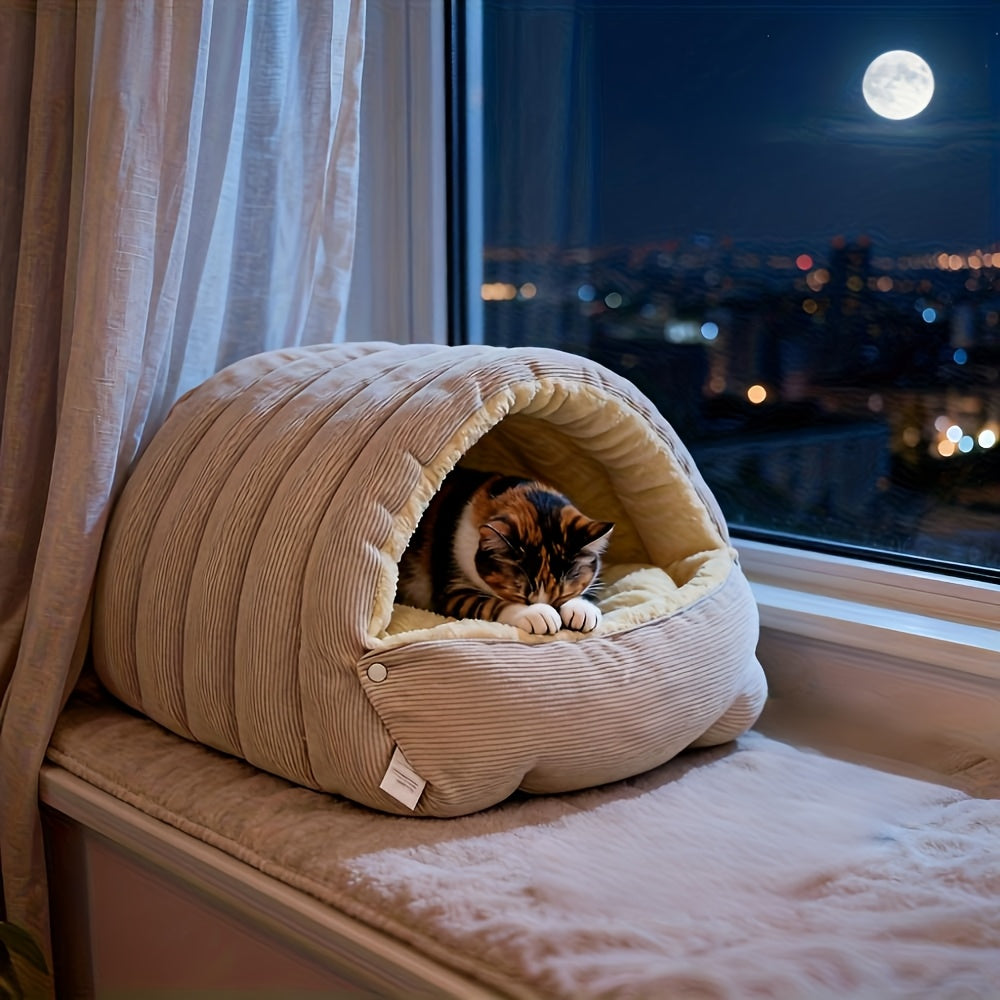 High-Elasticity Warm Cat Bed: 57×37×28cm Wrapped Design, Striped Fleece + Arctic Fleece Heat Retention, Removable & Washable(light beige)