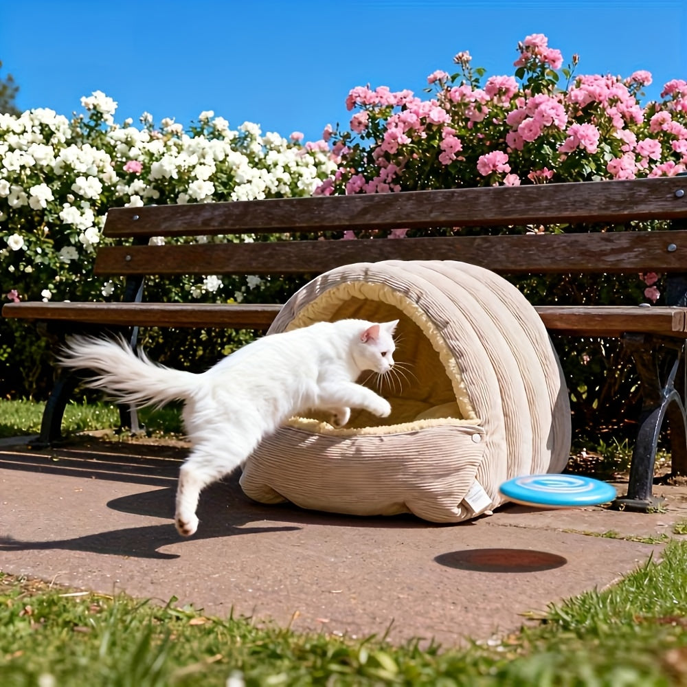 High-Elasticity Warm Cat Bed: 57×37×28cm Wrapped Design, Striped Fleece + Arctic Fleece Heat Retention, Removable & Washable(light purple)
