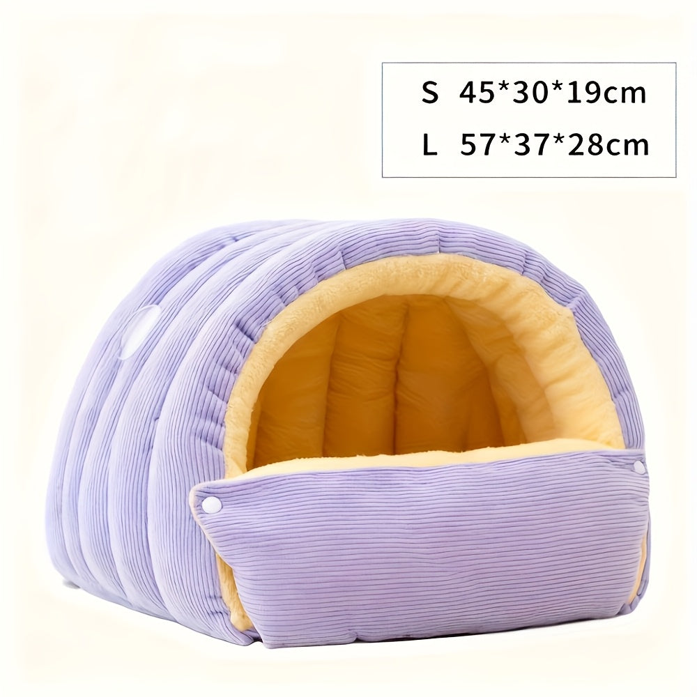 High-Elasticity Warm Cat Bed: 57×37×28cm Wrapped Design, Striped Fleece + Arctic Fleece Heat Retention, Removable & Washable(light purple)