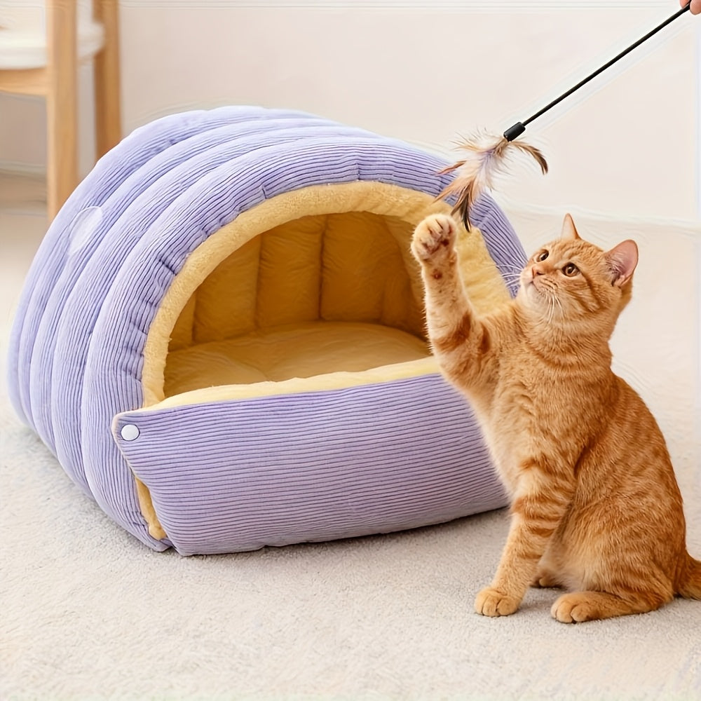 High-Elasticity Warm Cat Bed: 57×37×28cm Wrapped Design, Striped Fleece + Arctic Fleece Heat Retention, Removable & Washable(light purple)