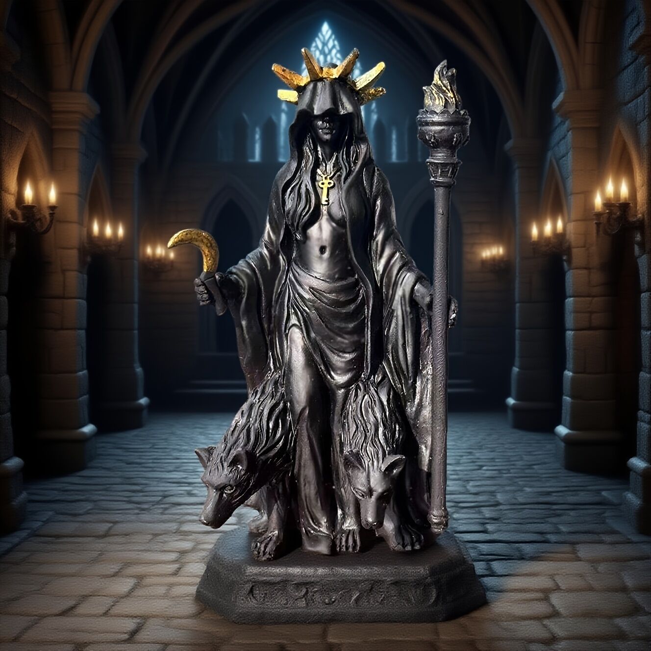 Dark Mystical Goddess Ornament — wearing a golden ray-like headdress, her face hidden beneath a dark robe, with a cross necklace adding to the mysterious aura. She holds a crescent moon prop in one hand and a flaming torch scepter tightly in the other.