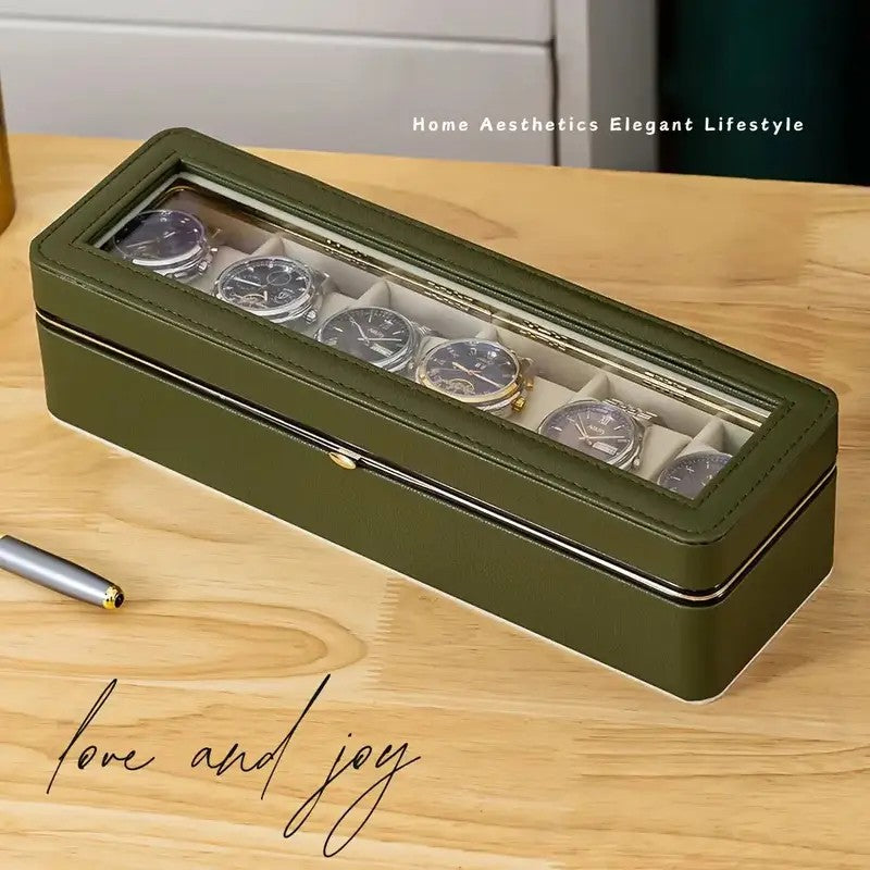Luxury transparent-lid watch box with 6 fabric-lined compartments, portable and shockproof design, suitable for both men and women. Ideal for home, travel, or gifting—a refined storage solution for fine watches and jewelry. (White)