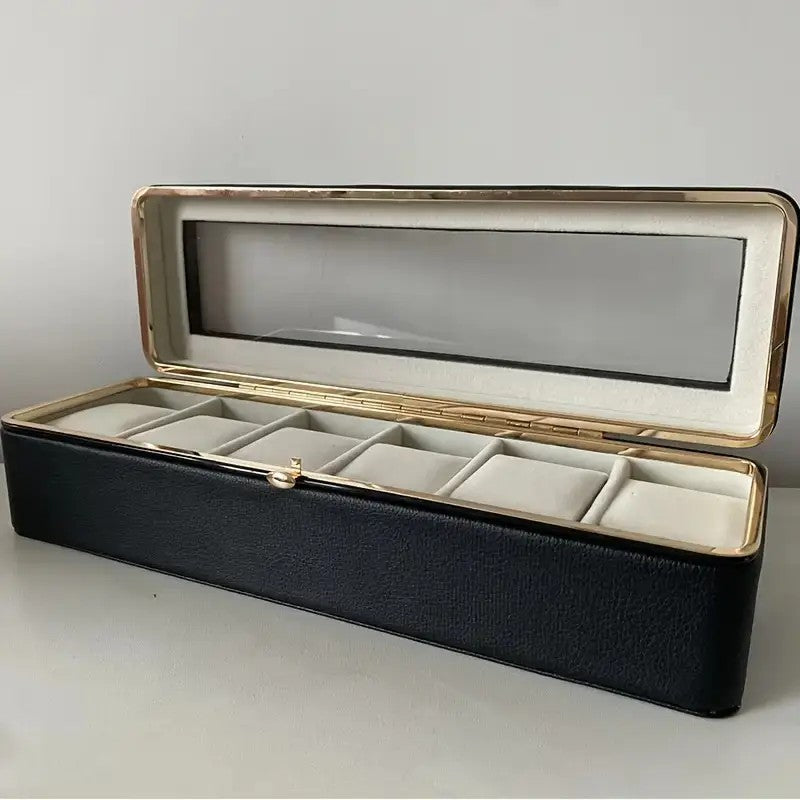Luxury transparent-lid watch box with 6 fabric-lined compartments, portable and shockproof design, suitable for both men and women. Ideal for home, travel, or gifting—a refined storage solution for fine watches and jewelry. (Black)
