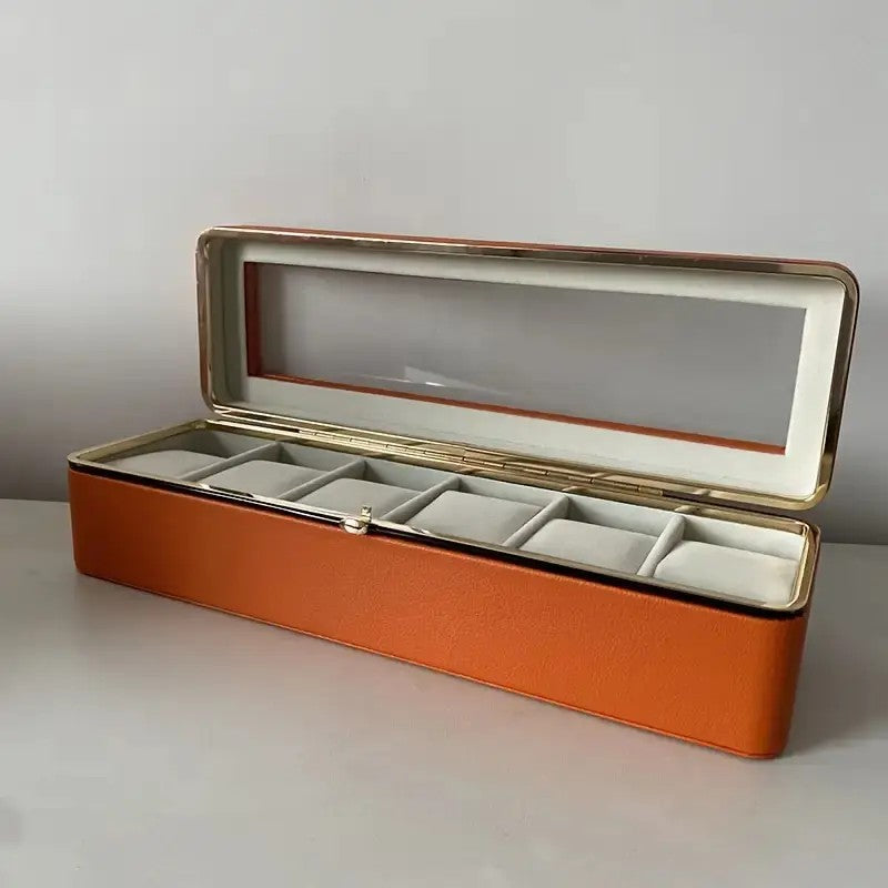 Luxury transparent-lid watch box with 6 fabric-lined compartments, portable and shockproof design, suitable for both men and women. Ideal for home, travel, or gifting—a refined storage solution for fine watches and jewelry. (Black)