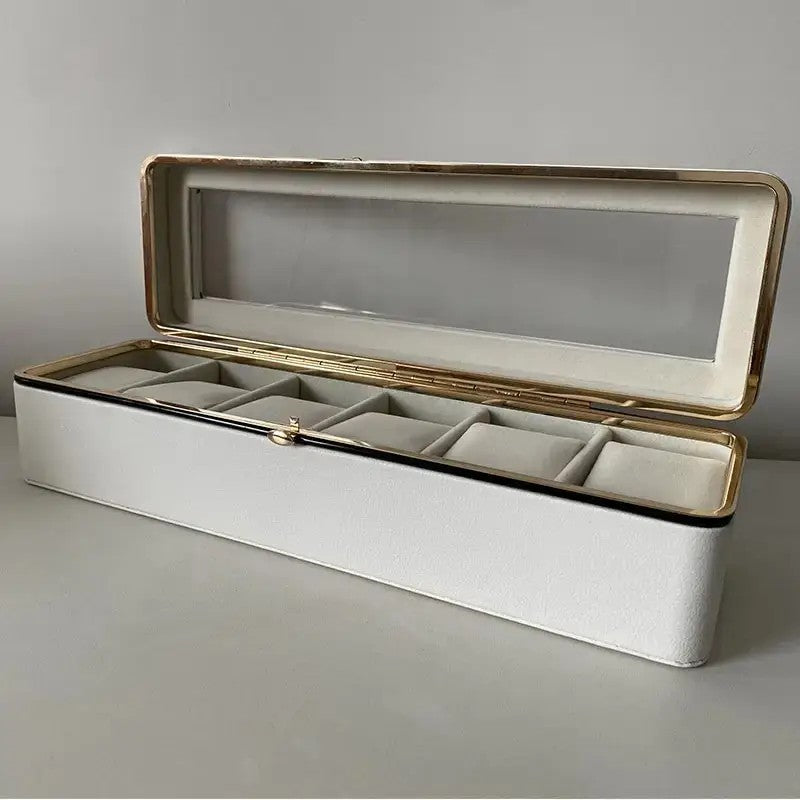 Luxury transparent-lid watch box with 6 fabric-lined compartments, portable and shockproof design, suitable for both men and women. Ideal for home, travel, or gifting—a refined storage solution for fine watches and jewelry. (Black)