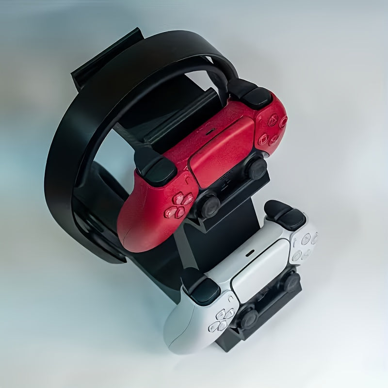 black 3-in-1 PS5 and Xbox Controller Stand – Compatible with PlayStation 5/Xbox Consoles. A gaming desktop organizer with a headphone hanger, non-charging base that holds 2 controllers and headphones. Space-saving white/black console accessory.