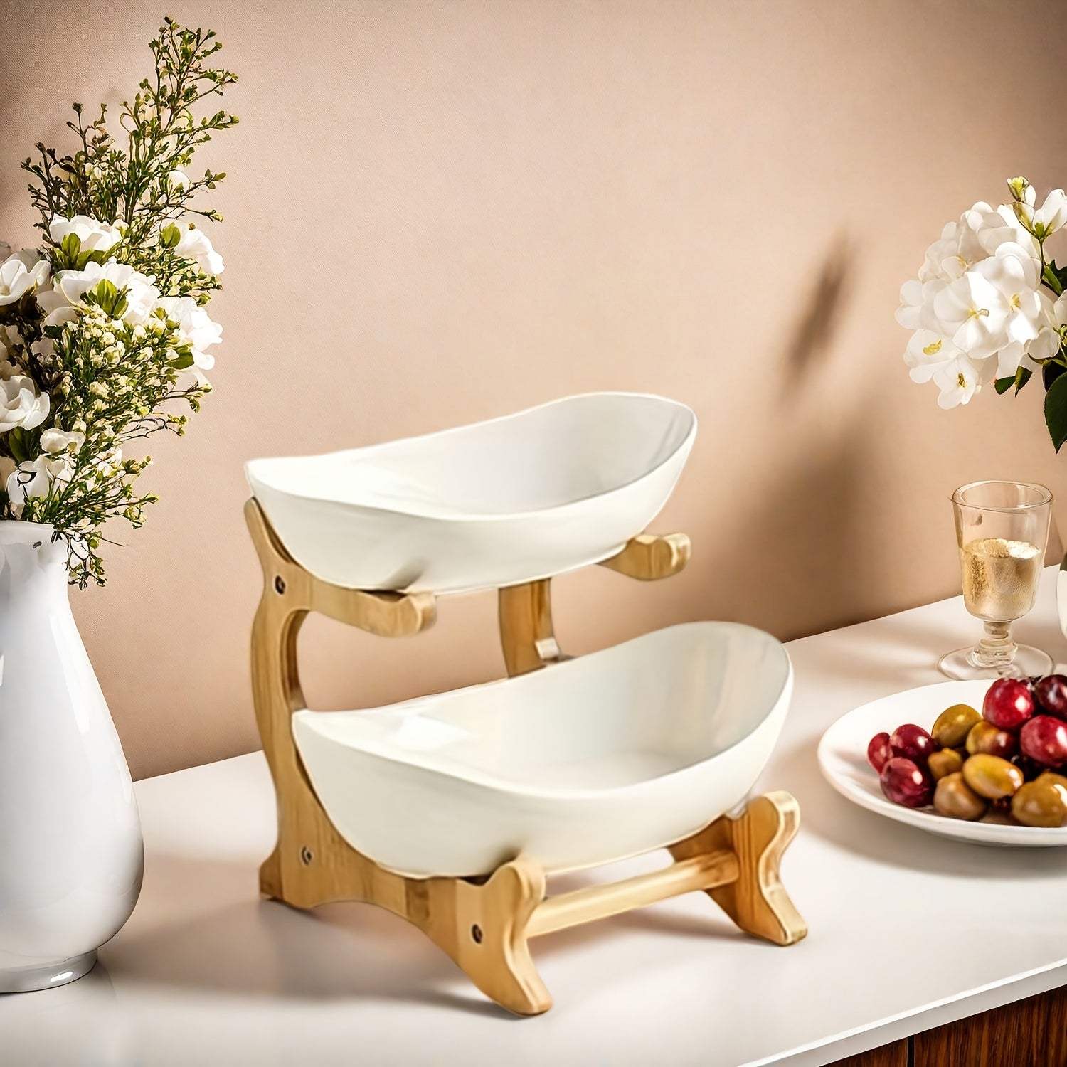 **Nordic-Style Two-Tier Extendable Fruit Tray | Creative Living Room Snack Stand, Adjustable Height, Anti-Slip Expandable Display Tray**(White)