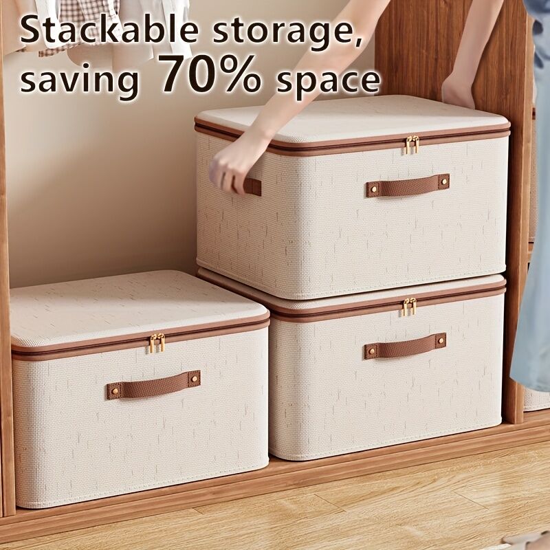 8L Double Zipper Storage Box with Faux Leather Handles | Large Capacity Lidded Basket, Perfect for Storing Clothes, Bedding, and Moving — Ideal for Bedrooms, Dorms, Studies, Wardrobes, Laundry Baskets, Shelf Bins, and Storage Racks.