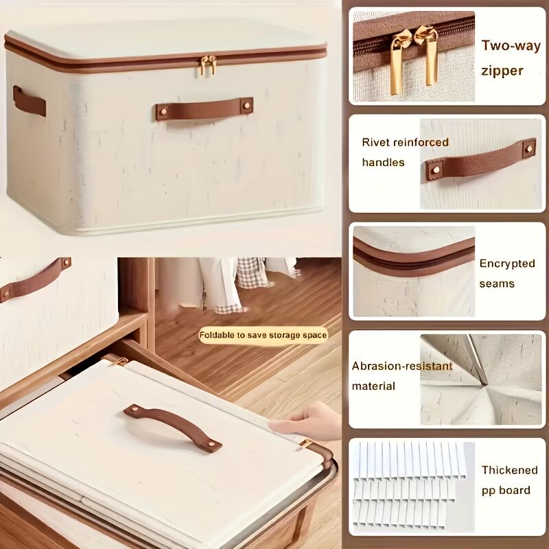 15L Double Zipper Storage Box with Faux Leather Handles | Large Capacity Lidded Basket, Perfect for Storing Clothes, Bedding, and Moving — Ideal for Bedrooms, Dorms, Studies, Wardrobes, Laundry Baskets, Shelf Bins, and Storage Racks.