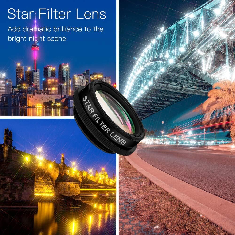 15-in-1 kit with multiple special effects functions, compatible with iPhone and Android smartphones. Includes: 198 fisheye, 0.63x wide angle, 15x macro, 2x telephoto, CPL polarizer, kaleidoscope lens, star filter, mist filter, radial filter, split zone fi