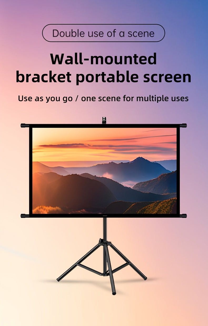 60in Portable and mobile projection screen with tripod stand, 16:9 HD format, suitable for home theater and indoor wall mounting. Made of polyester fabric, easy to set up and use. Ideal for office presentations and home entertainment, ready to use right o