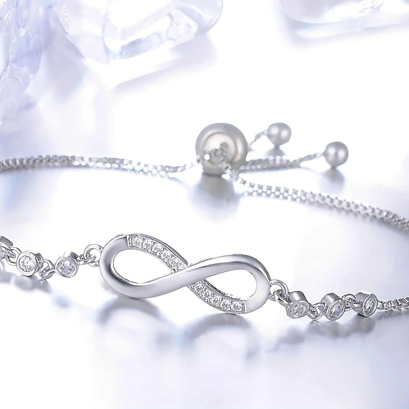 "Double-Loop Interwoven": 24cm Zinc Alloy Infinity Symbol Bracelet, Interpreting the Poetic Philosophy of Perpetuity with Flowing Beaded Light