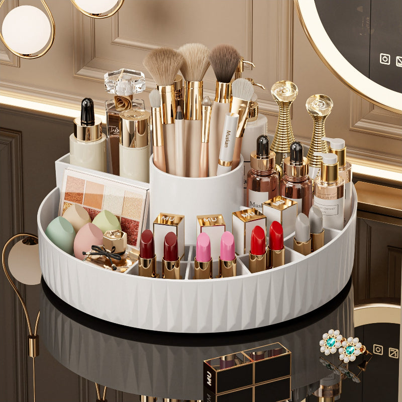 Rotatable Luxury Cosmetic Organizer Desk Large Capacity Skincare Storage Shelf Vanity Tidy Tray Cosmetic Storage Box(cream color)