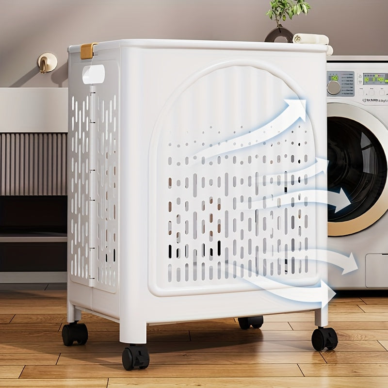 A wheeled foldable plastic laundry basket, suitable for dirty clothes and easy to move. It features a breathable design for convenience and practicality.