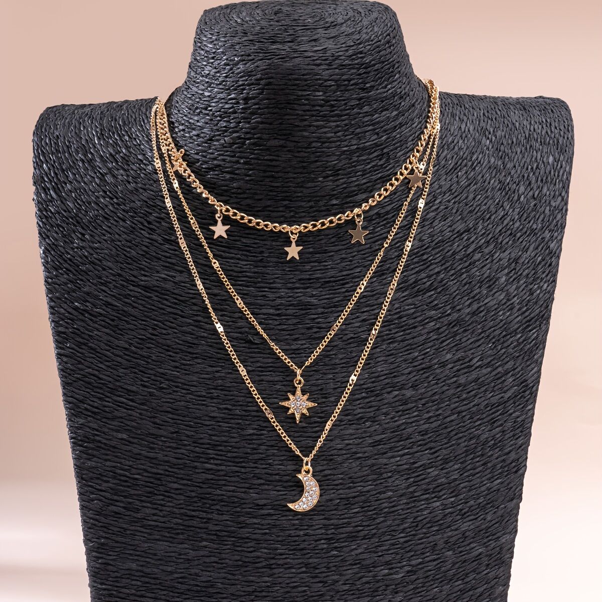 An elegant star, crescent, and sparkle rhinestone-embedded collarbone necklace, a multi-layer pendant necklace for women, perfect for daily wear and a versatile gift.
