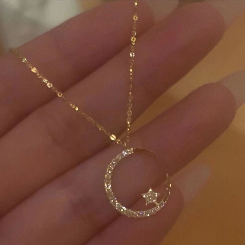 GOLD"Crescent and Stars" Crystal Necklace: Weaving the Galaxy into a Chain, Crafting a Flowing Dazzling Starry Sky Around Your Neck