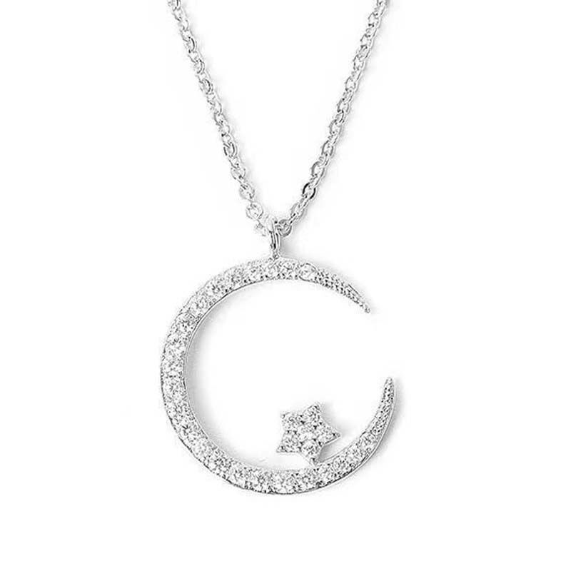 silver"Crescent and Stars" Crystal Necklace: Weaving the Galaxy into a Chain, Crafting a Flowing Dazzling Starry Sky Around Your Neck