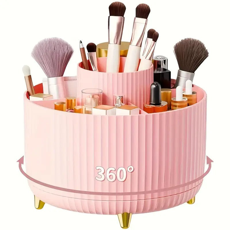 360° Rotating Multi-Compartment Makeup Brush Holder: Luxurious Vertical Texture with Golden Feet Design, Scientifically Organized Storage, One Cylinder to Tidy Your Vanity Table.(Black)