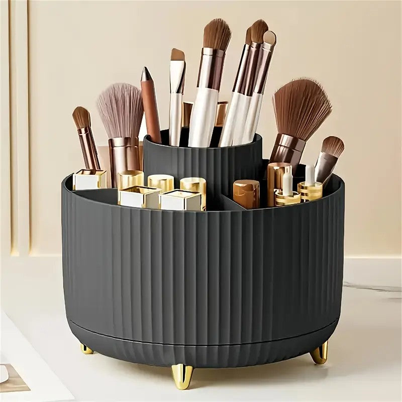 360° Rotating Multi-Compartment Makeup Brush Holder: Luxurious Vertical Texture with Golden Feet Design, Scientifically Organized Storage, One Cylinder to Tidy Your Vanity Table.(Green)