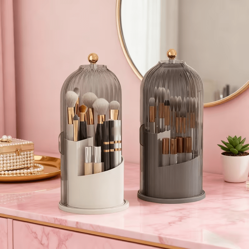 Transparent Rotating Makeup Brush Holder: 360° Rotation for Easy Access, Dust-Proof with Compartments, Neat and Portable(Transparent gray)