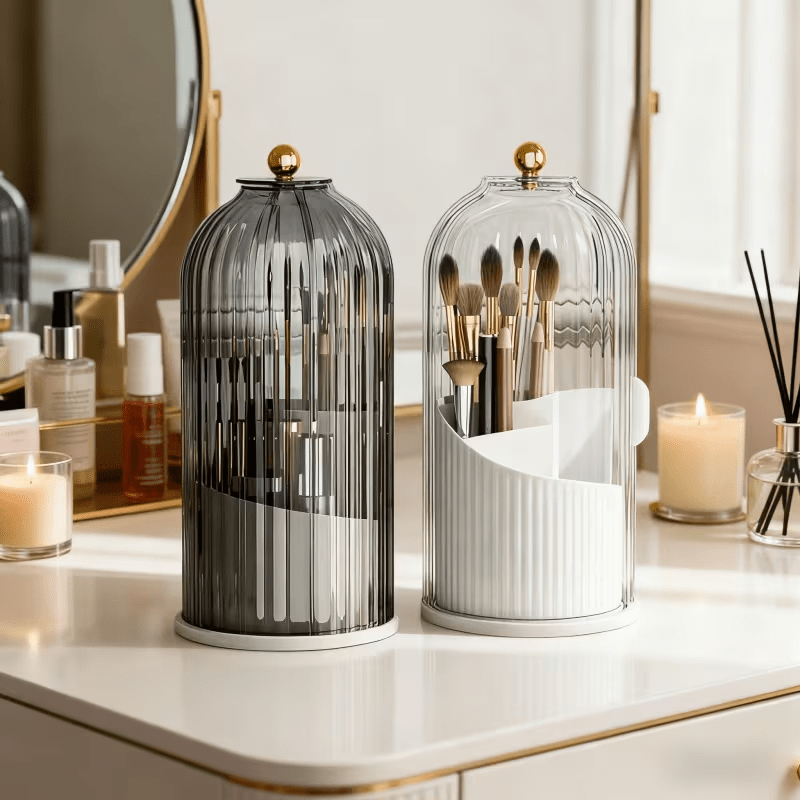 Transparent Rotating Makeup Brush Holder: 360° Rotation for Easy Access, Dust-Proof with Compartments, Neat and Portable(Transparent gray)