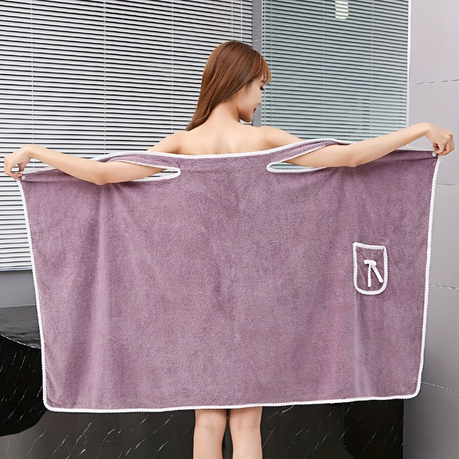 1-Piece Bath Towel with Pocket, Wearable Bath Towel, Bathroom Shower Supply, Can be Used as Robe, Nightgown, Sexy Strap Dress, Blanket, Indoor/Outdoor Fitness Sauna Shawl, Easy to Carry, Machine Washable(Purple)