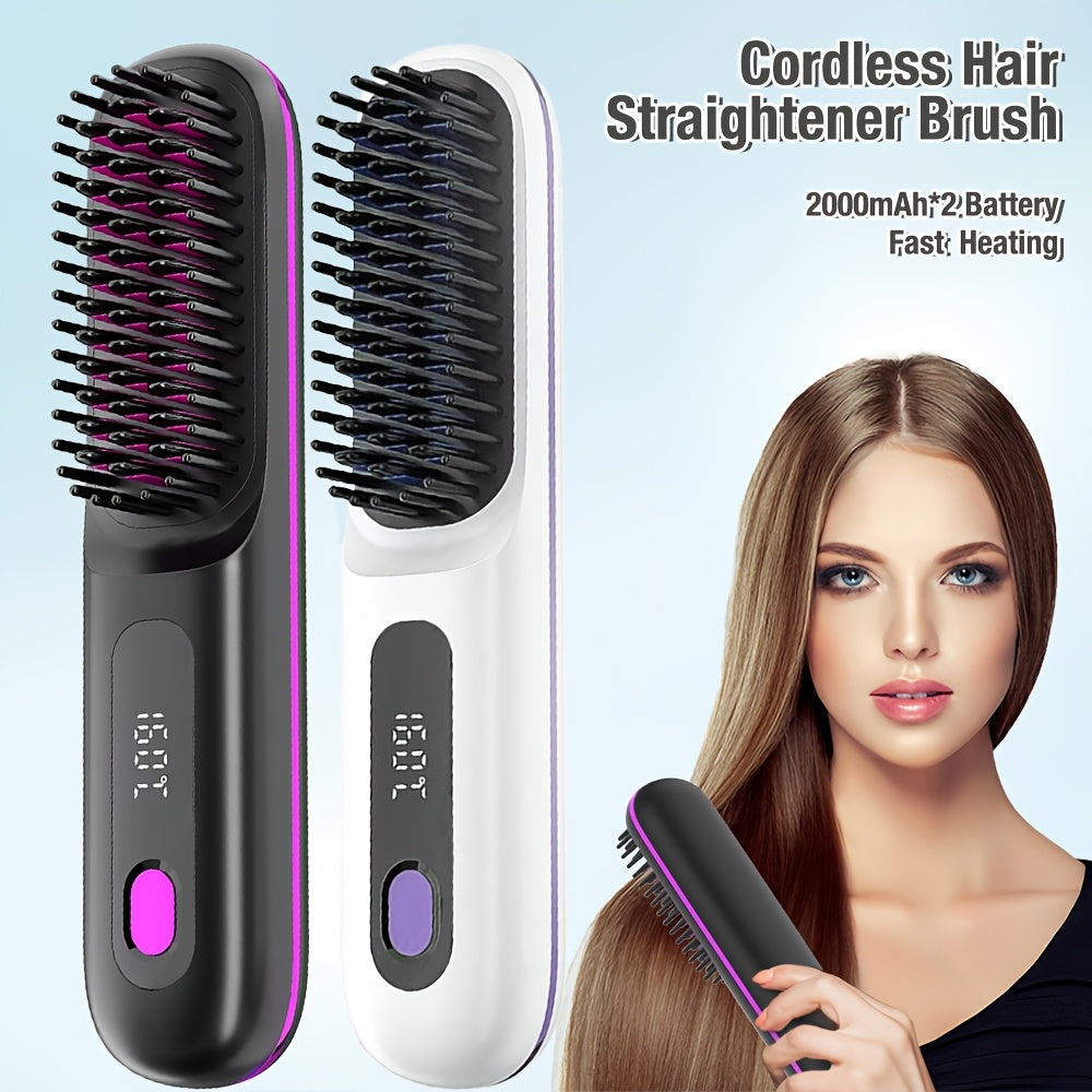 White Cordless Hair Straightener Brush: Dual 2000mAh batteries for long-lasting power, fast heating, creates smooth styles anytime, anywhere.