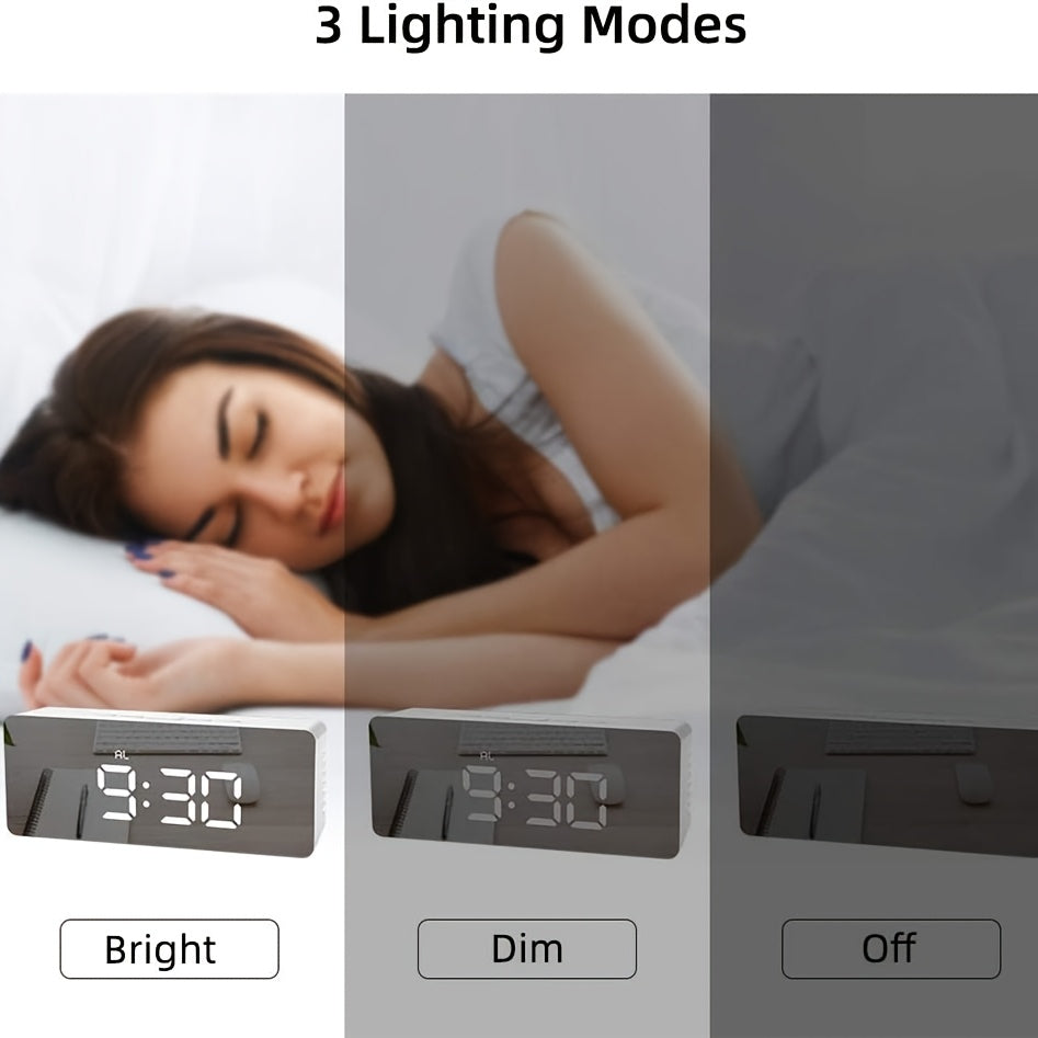 LED Mirror Desk Clock with Snooze Function & Temperature Display Digital Alarm Clock, Large LED Display Mirror Clock with Snooze, Adjustable Brightness, Suitable for Home Bedroom Living Room Office Travel (White)