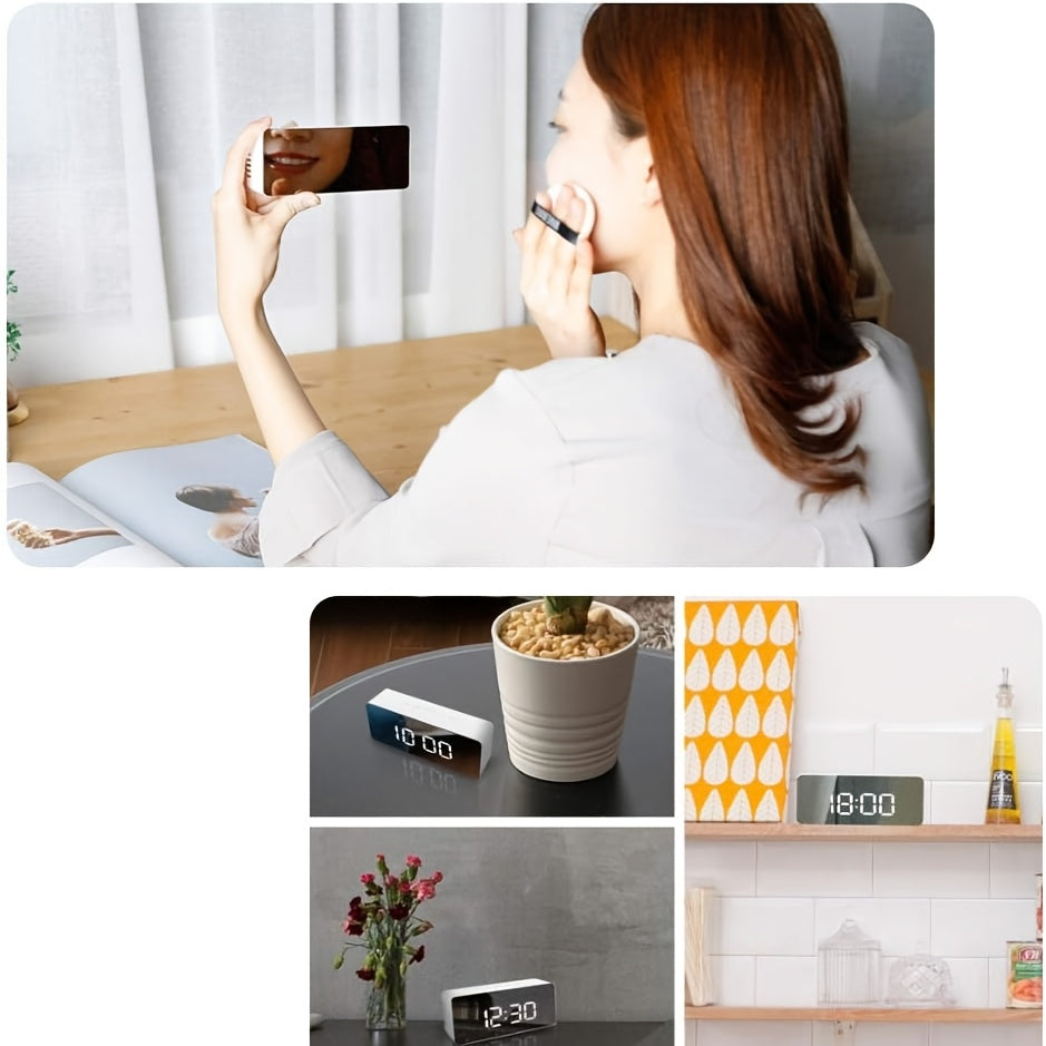 LED Mirror Desk Clock with Snooze Function & Temperature Display Digital Alarm Clock, Large LED Display Mirror Clock with Snooze, Adjustable Brightness, Suitable for Home Bedroom Living Room Office Travel (White)