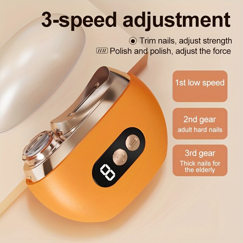 Smart Electric Nail Clipper 2-in-1 Polishing & Grooming Tool, USB Rechargeable, 500mAh Li-Polymer Battery. Features Anti-Cut Protection, Grinding, and Illumination. Suitable for Nail Trimming, Filing, Polishing, and Shaping. (orange)