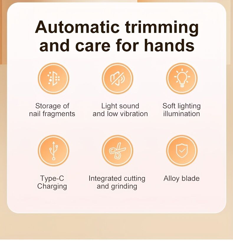 Smart Electric Nail Clipper 2-in-1 Polishing & Grooming Tool, USB Rechargeable, 500mAh Li-Polymer Battery. Features Anti-Cut Protection, Grinding, and Illumination. Suitable for Nail Trimming, Filing, Polishing, and Shaping. (orange)