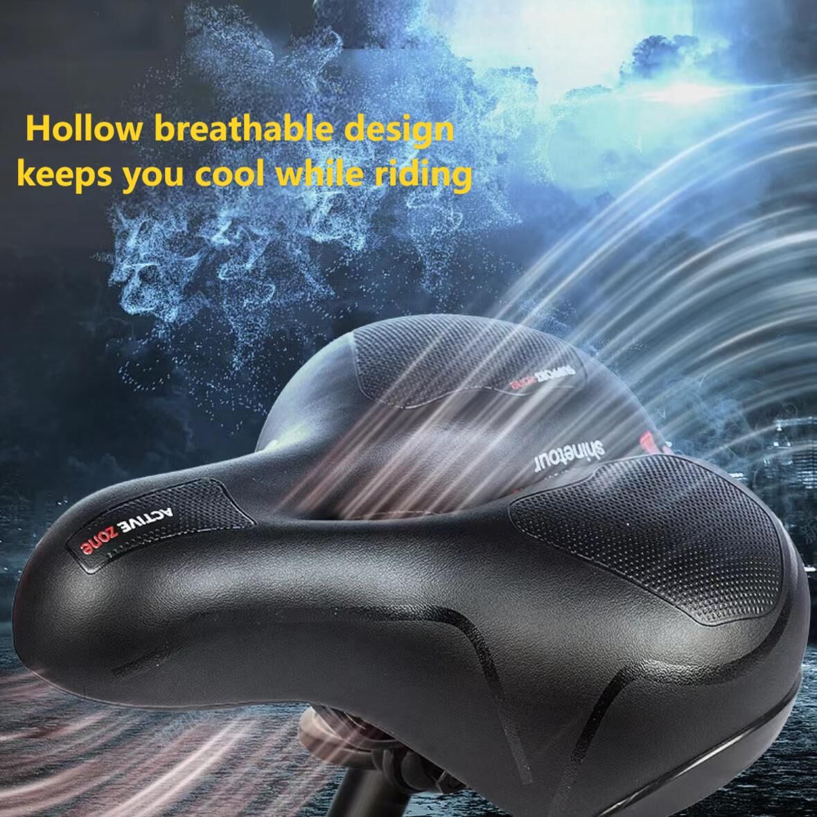 Wide, cushioned, and shock-absorbing bike saddle with memory foam and waterproof design – ensures ultimate comfort and support for every ride, whether on MTB, road, or indoor exercise bikes.