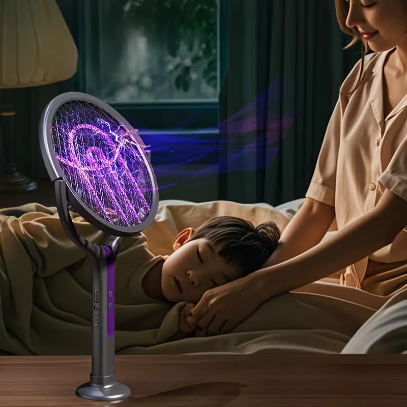 2-in-1 foldable and extendable electric mosquito swatter and purple insect lamp rechargeable fly swatter - USB-powered extendable pole, suitable for indoor, office, backyard, camping - portable mosquito killer, modern aesthetics, durable structure