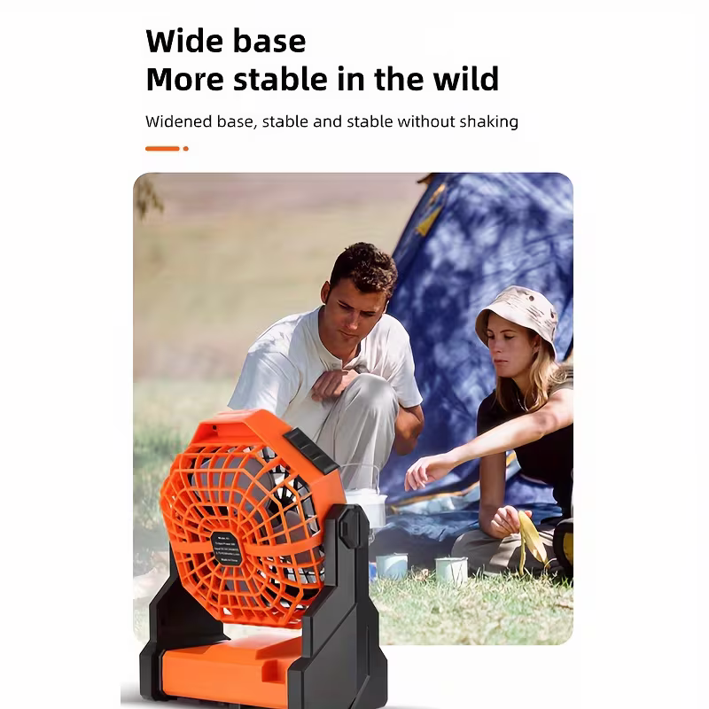 A portable outdoor camping fan with adjustable brightness, LED light strip hook, USB rechargeable, built-in 7800mAh battery for long battery life, 270° adjustable outdoor cooling fan, stepless speed change, silent, suitable for camping, terraces, pets, an