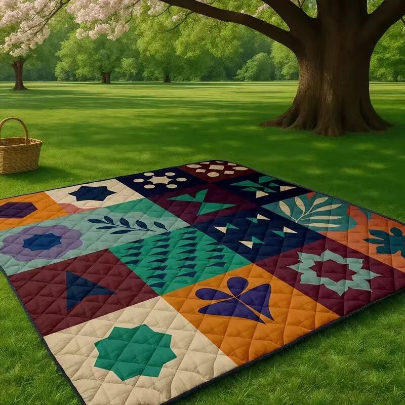 Extra-large 198.12x198.12 cm foldable picnic mat with portable rope. Soft padding design, floral and fruit prints, durable polyester material, perfect for beaches, parks, camping and travel - hand wash only, embossed PU-coated Oxford fabric.