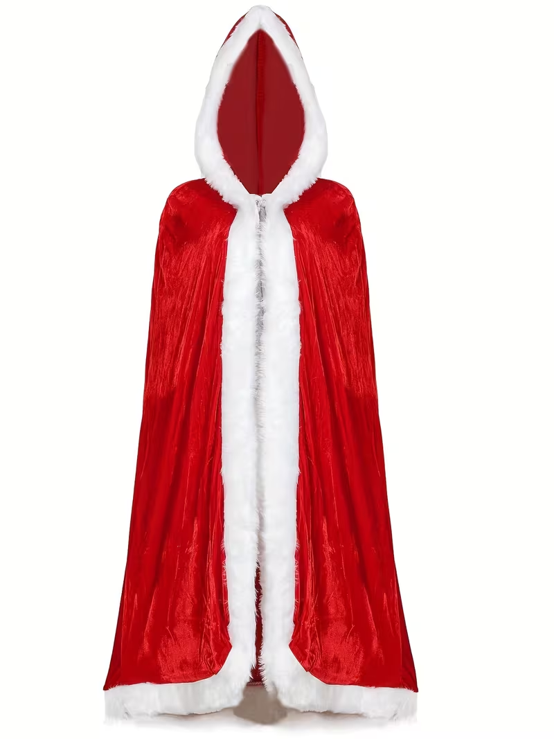 Ladies' elegant hooded cape robe (150cm long)- Long winter coat, long plush fur collar, red - autumn/winter non-elastic fabric, hand-washable casual coat, red and decorated, front cover